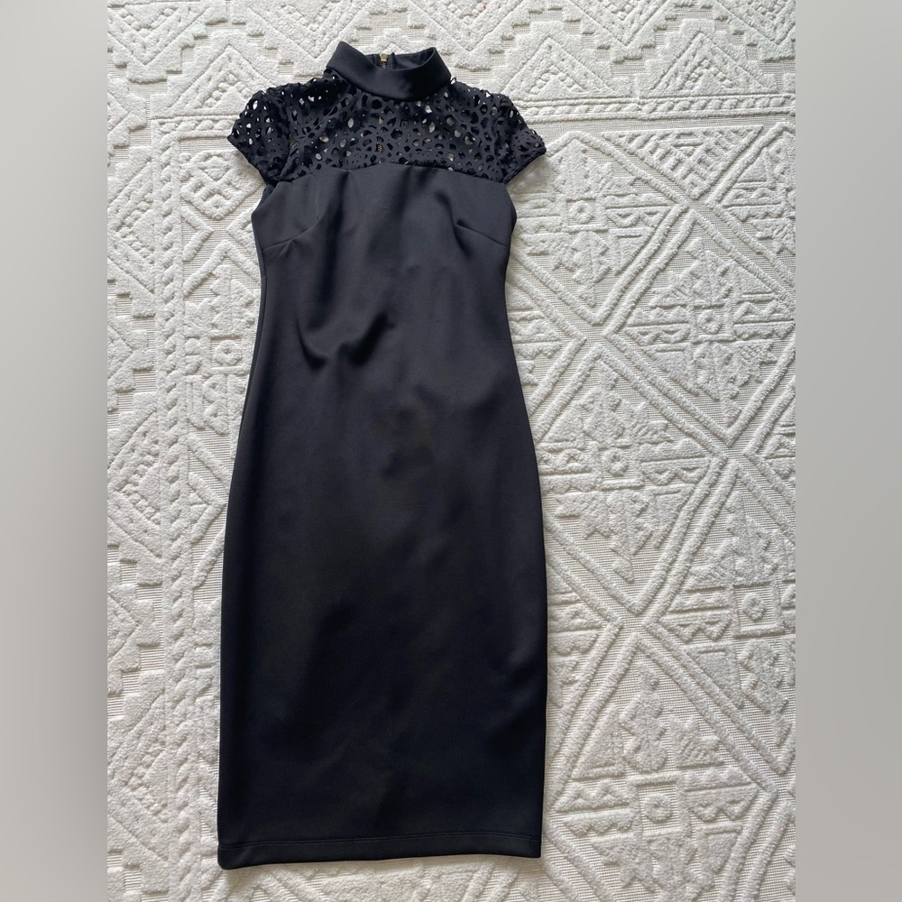 High Neck Collar Black Short Sleeve Midi Dress